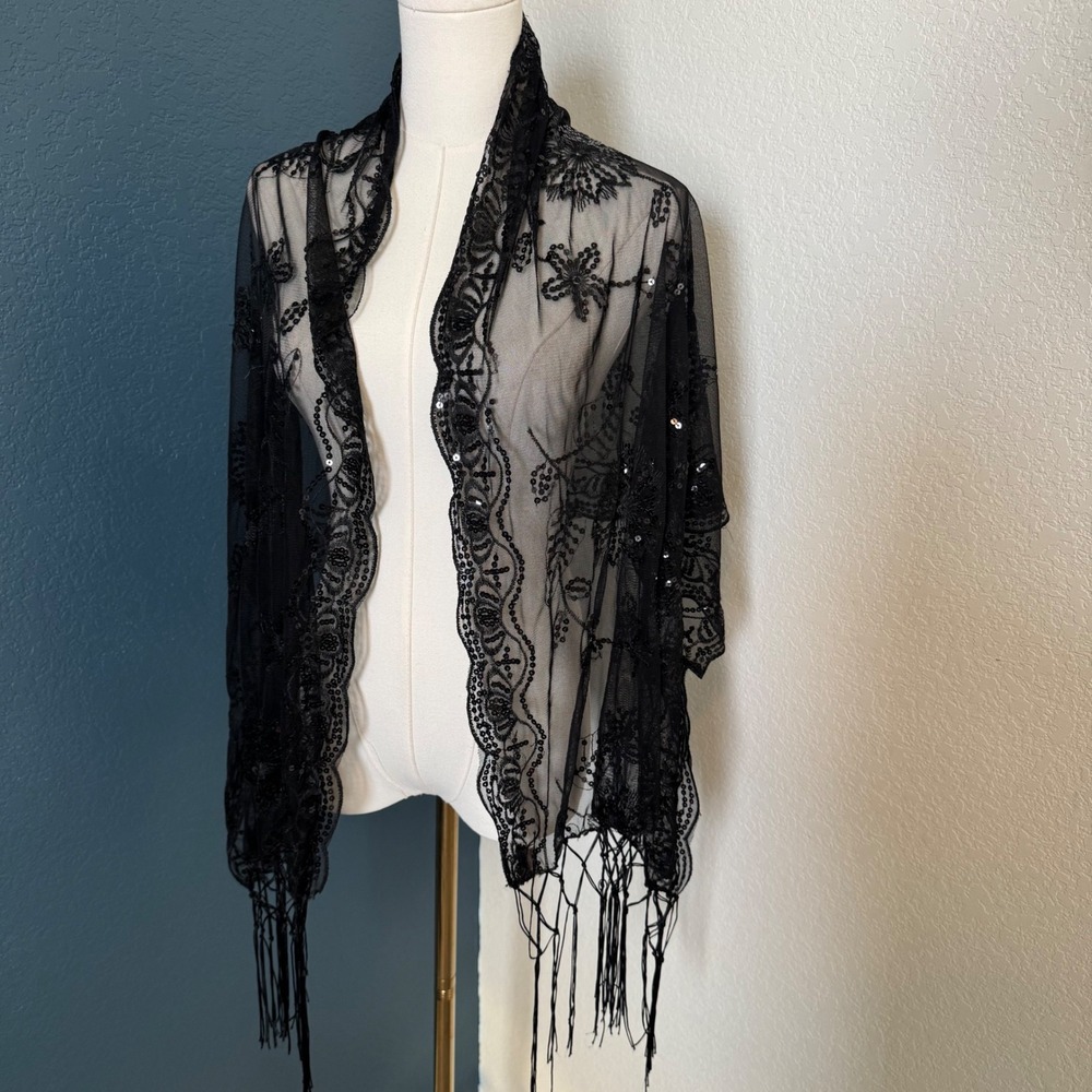 Witchy Gothic Sequin Lace Fringe Shawl Scarf OS Black